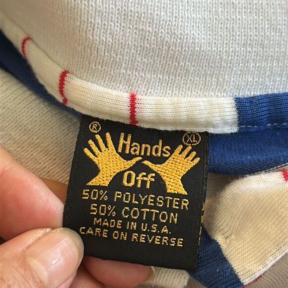 Vintage 70s/80s Hands Off Red, White & Blue Striped Polo Shirt/Ribbed Fitted Hem - Picture 7 of 8